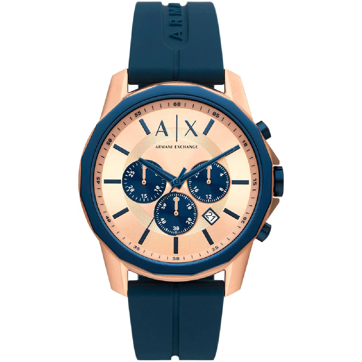 Armani Exchange Hampton Chronograph Rose Gold Dial Blue Silicone Strap Watch For Men - AX1730